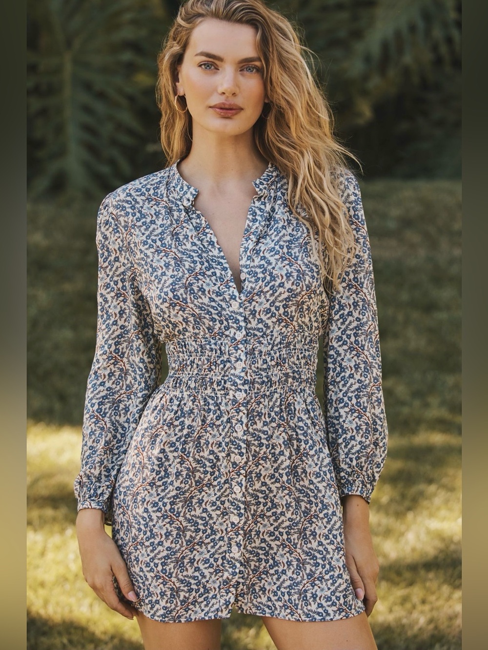 Sundays by We Are Sundays Blue Floral Linen Blend Smocked Romper Dress Large